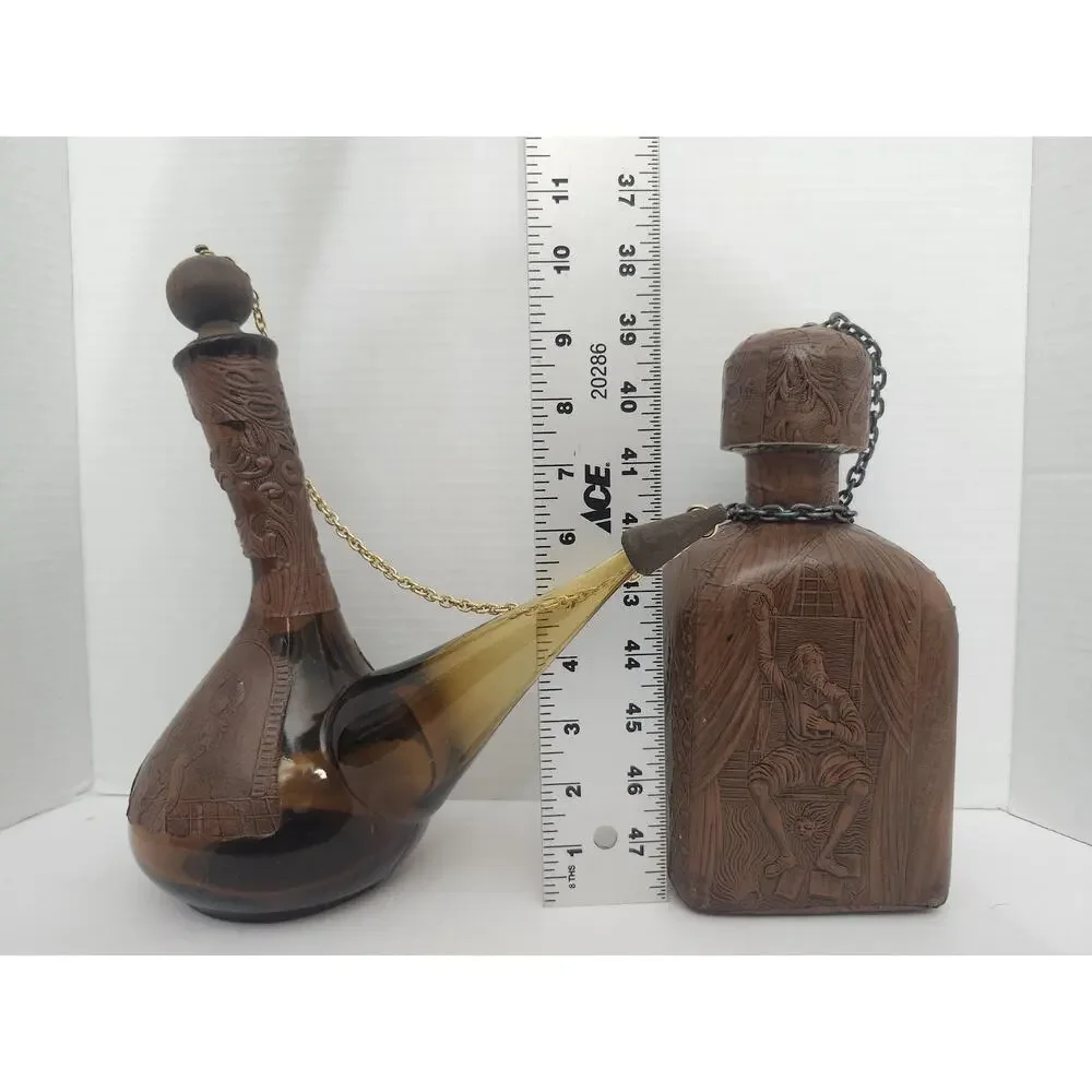 Vintage Spanish Porron Leather Wrapped Amber Glass Decanter Flask Set